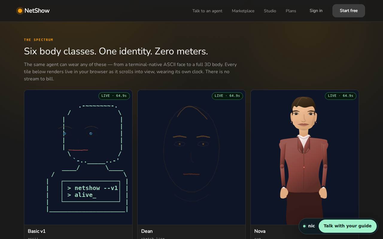 The same AI host as a live ASCII face, a sketch line and a drawn character