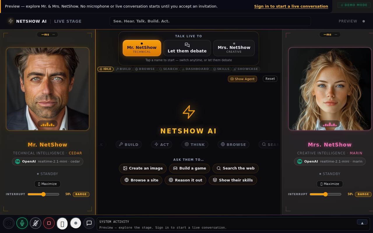 NetShow live stage preview with an AI host