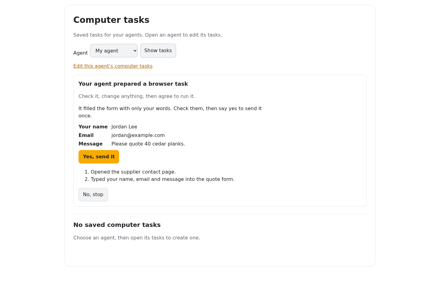 Browser-task receipt on desktop