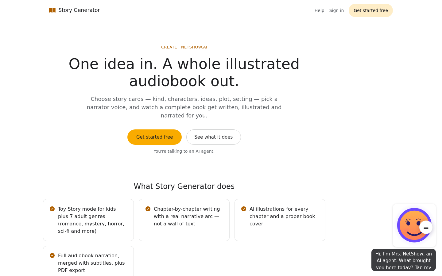 The Story Generator page: One idea in. A whole illustrated audiobook out. With what it does: the Toy Story mode and seven genres, chapter writing, an illustration for every chapter and full narration.