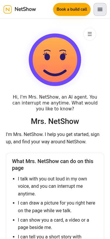 Mrs. NetShow's own page on a phone: her face, her greeting and what she can do.