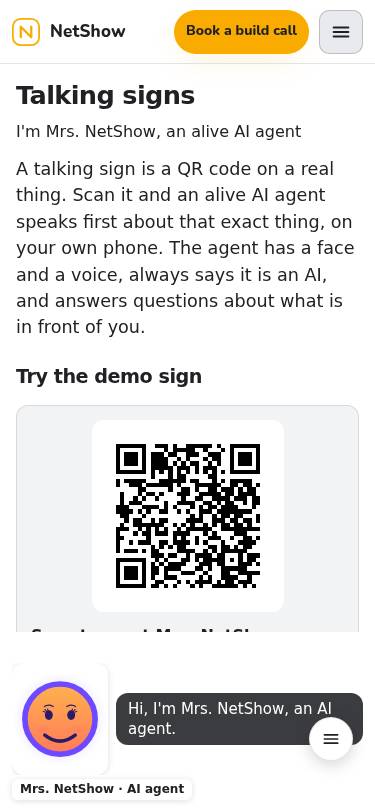 The talking signs page on a phone, with its demo sign QR code.