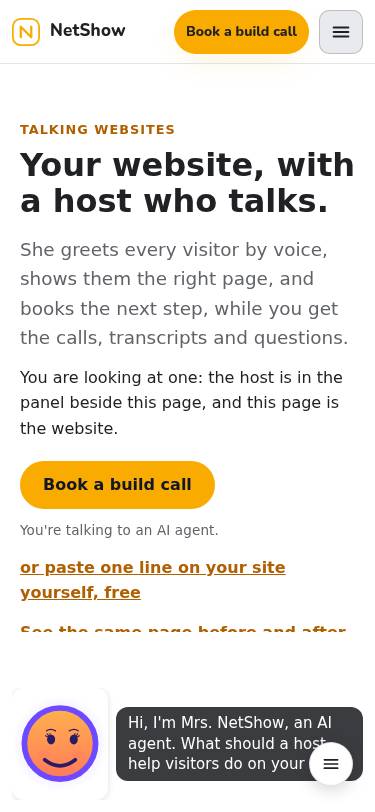The talking websites page on a phone, with Mrs. NetShow greeting first.