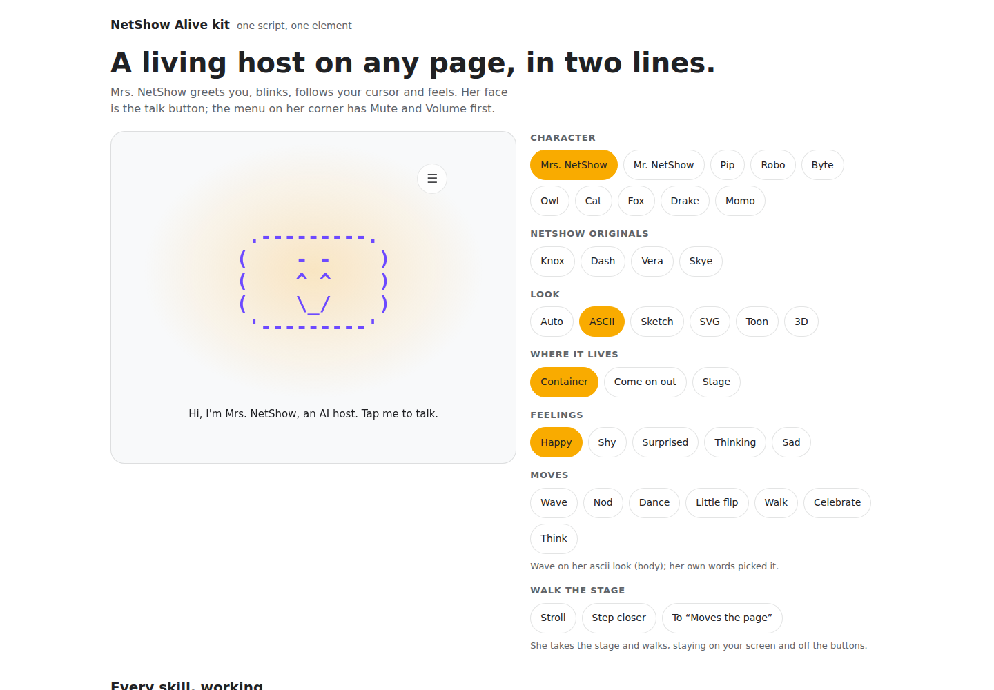 The live NetShow Alive Kit wearing its letters look on a desktop browser.