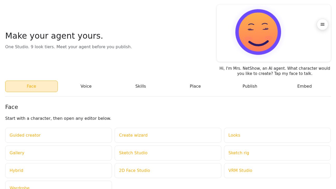 The live NetShow Studio: Mrs. NetShow as a smiling character, her greeting caption, and the Face, Voice, Skills, Place, Publish and Embed steps