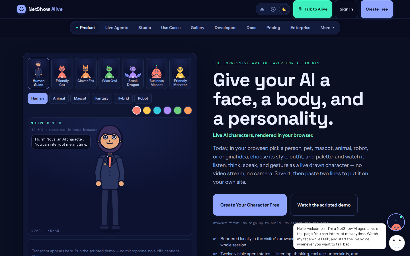 NetShow Alive website with its live character and available tools