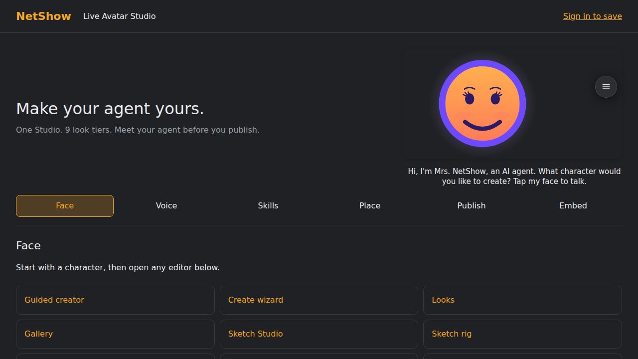 The live NetShow Studio: Mrs. NetShow's character face greets beside the Face, Voice, Skills, Place, Publish and Embed steps