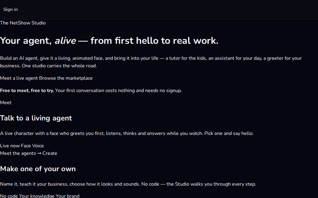 The NetShow Live Agent Studio page: talk to a living agent, then make one of your own