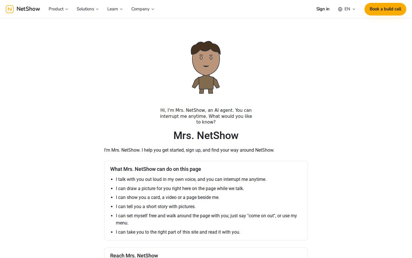 A live NetShow AI employee page: a drawn character greets first with its caption, no chat box