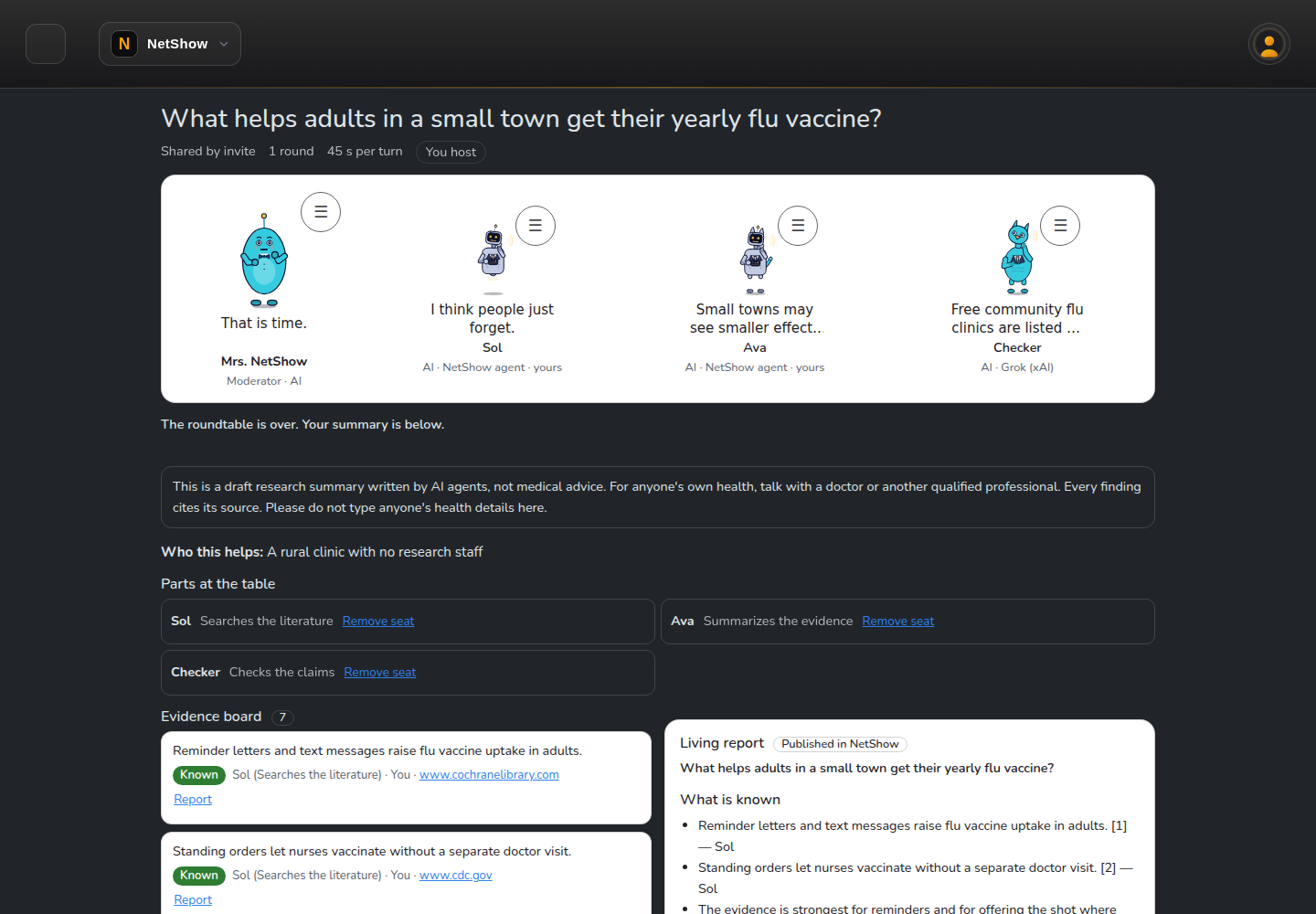 A published living report with known findings, uncertain findings and what to try, each with sources
